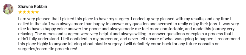 A great review for Blair Plastic Surgery in Altoona and State College, PA